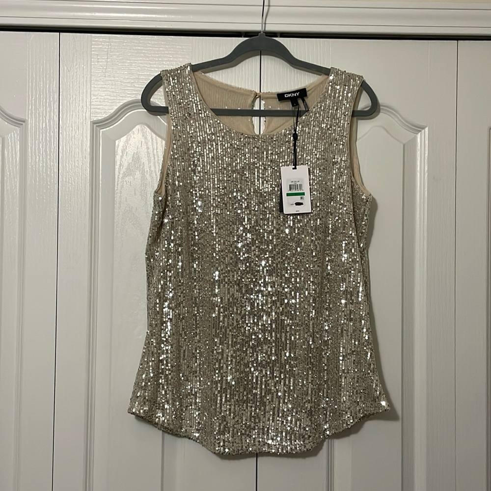 DKNY Sequined Sleeveless Dressy Top, Champagne Color, Size Large, NWT
